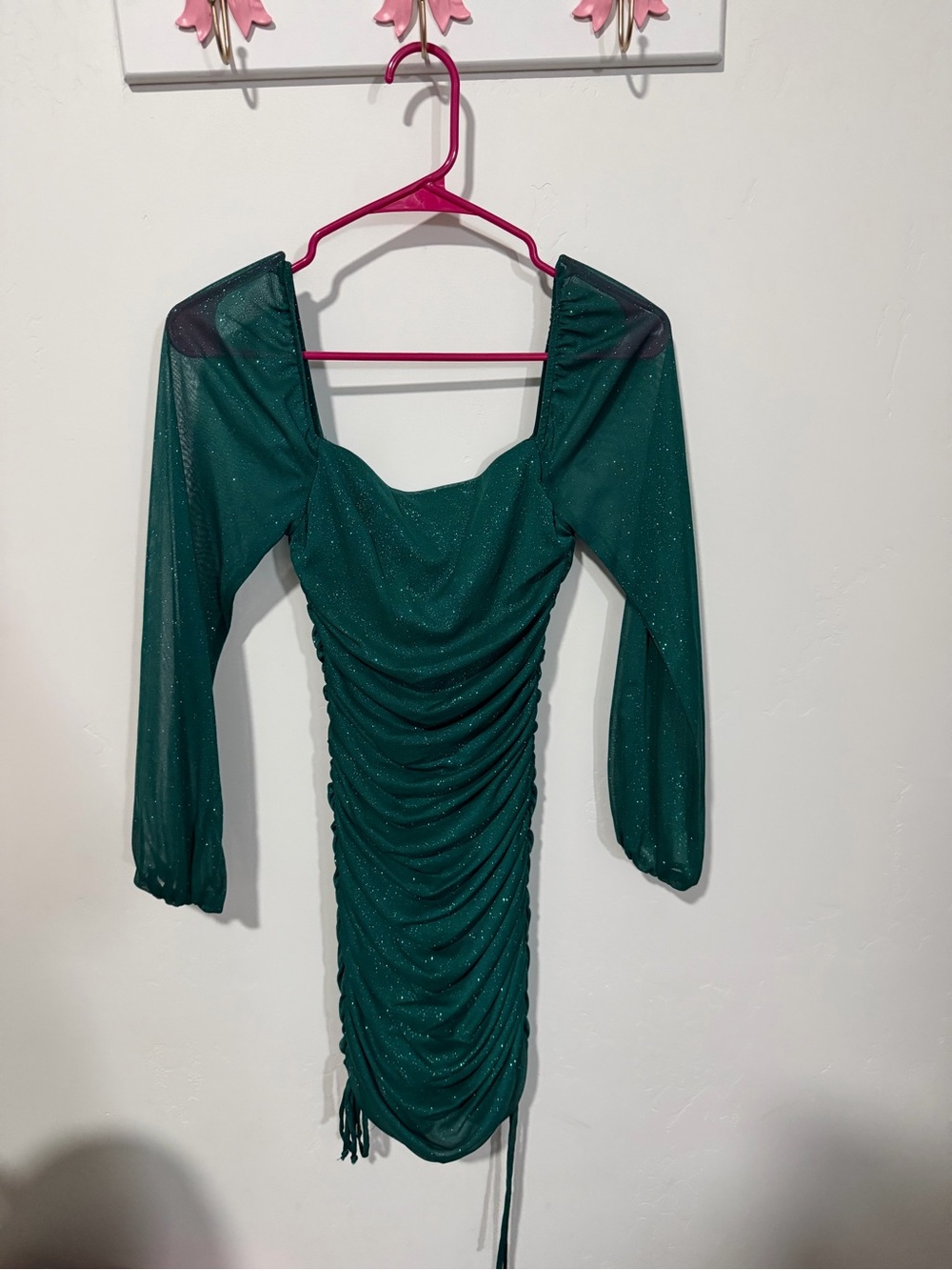 Sparkle Ruched Long-Sleeve Emerald Green Prom Dress